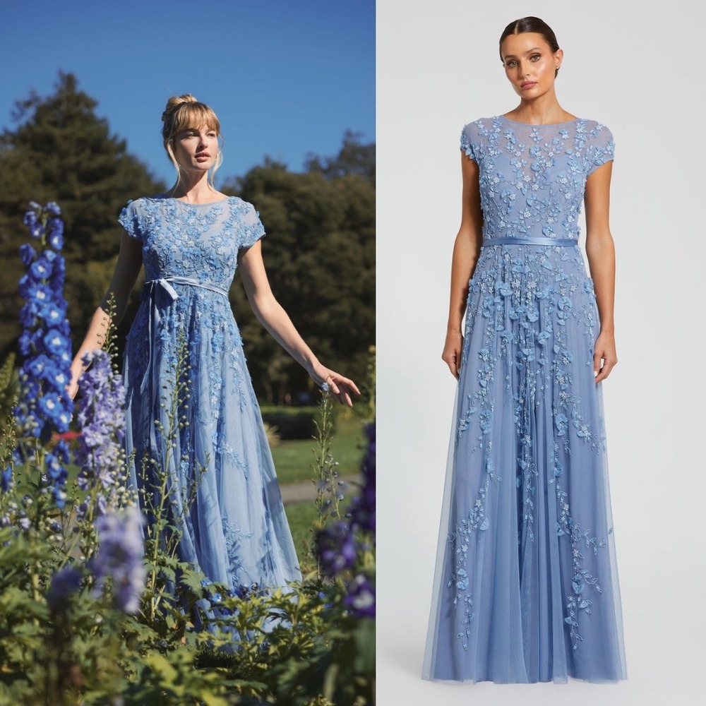 Mac Duggal NEW Blue Floral Embellished Short Sleeve Mesh Gown $698 - Size‎ 12